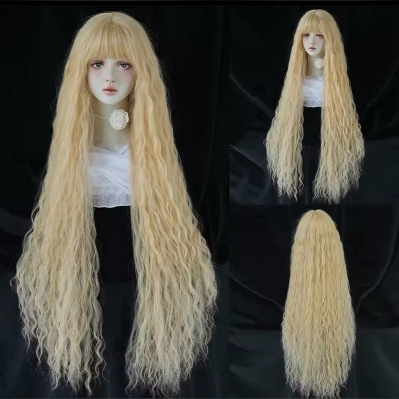 Sissy Princess Extra Long Curly Blonde Cosplay WigWith Bangs Lolita Wig 44 inch - Picture 4 of 6